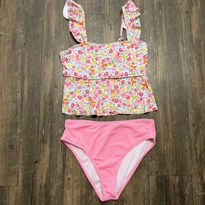 Girls Swimwear Pink Floral Ruffle Tankini Top Ribbed Bottoms Bathing Suit 14